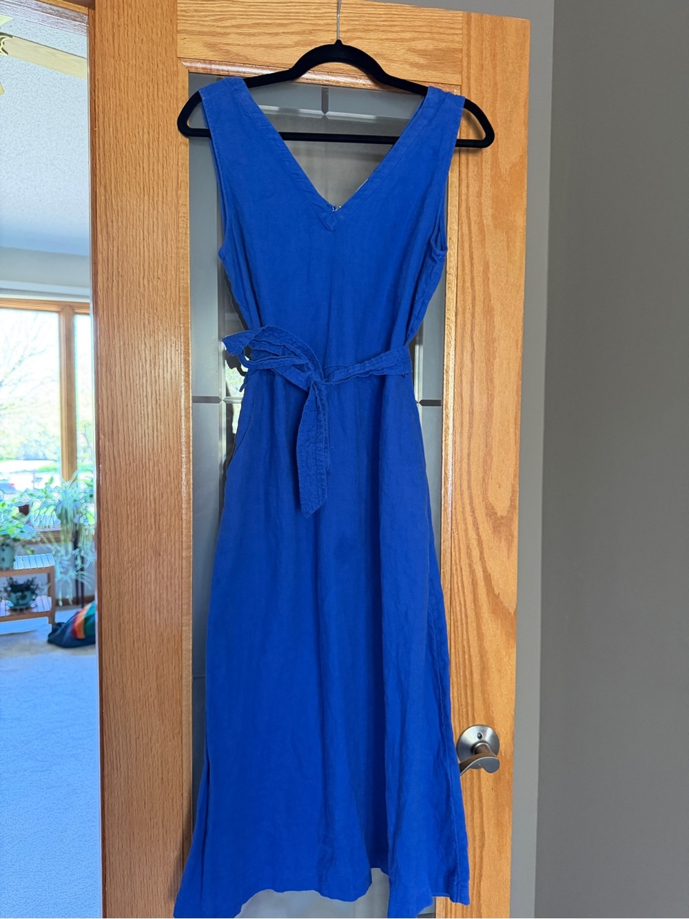 Nicole Miller Royal Blue Sleeveless Linen Maxi Dress with Tie Waist